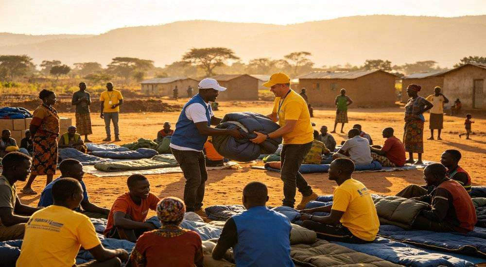 Wide angle view of African emergency relief distribution volunteers handing out sleeping bags in village