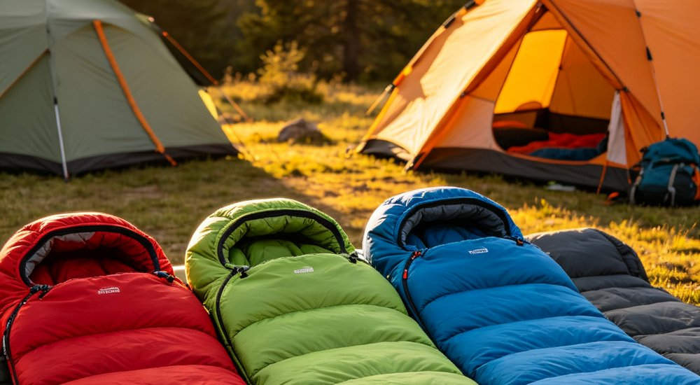 Eye level outdoor scene of camping sleeping bags in vibrant red green and blue colors set up near canvas tents among pine trees during warm golden hour sunset light for recreational camping Eye level outdoor scene of camping sleeping bags in vibrant red green and blue colors set up near canvas tents among pine trees during warm golden hour sunset light for recreational camping