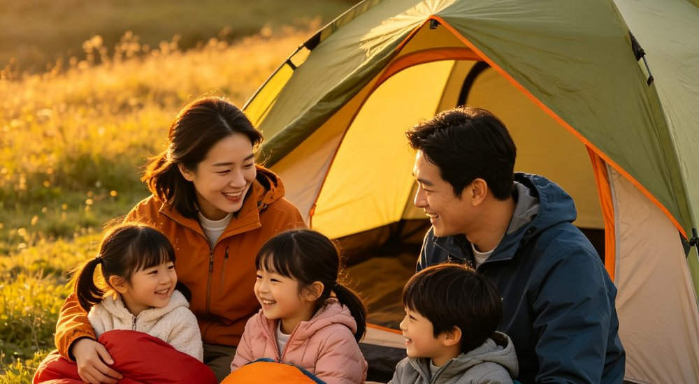 Wide angle family camping scene with colorful red blue and green sleeping bags arranged outside tent with parents and children enjoying outdoor recreation together in natural setting