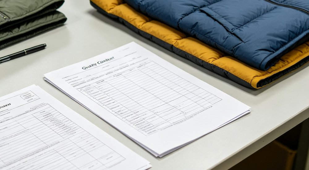 Top down view of quality control inspection documents and sleeping bag samples arranged on factory office desk for audit process and product specification verification before shipment