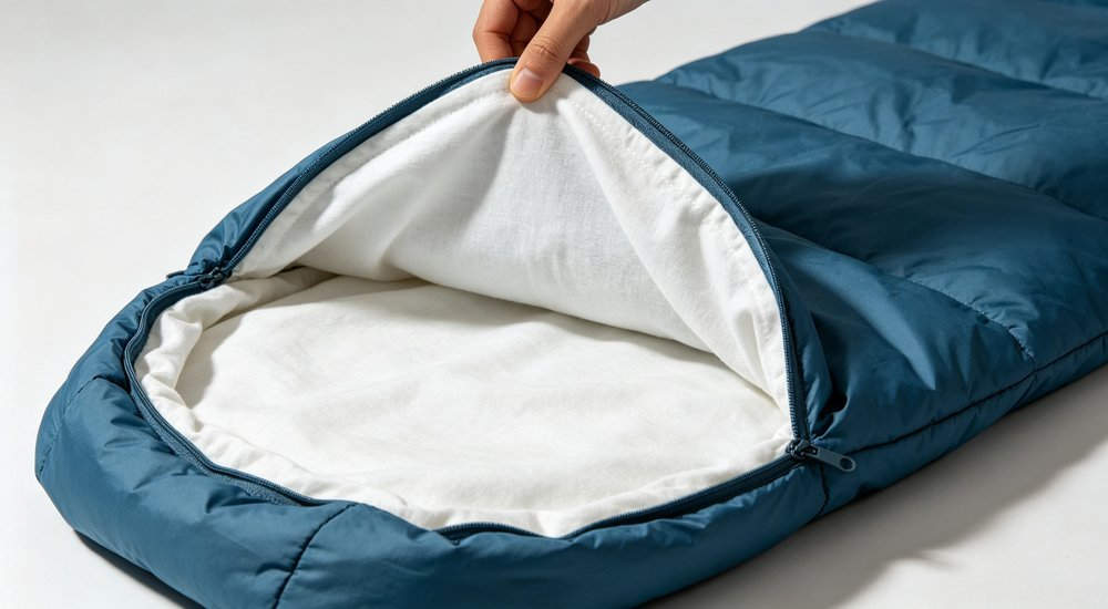 Sleeping bag liner being inserted showing soft cotton hygiene detail in navy blue for product accessory specification and hygiene maintenance documentation professional