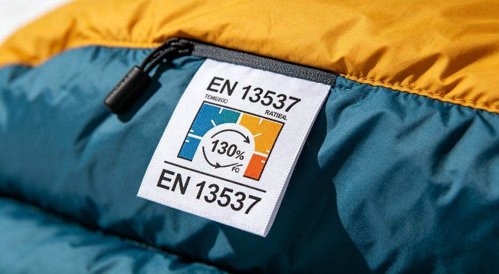 Sleeping bag temperature rating label closeup showing EN13537 certification and temperature zones product compliance documentation on navy blue fabric studio macro photography