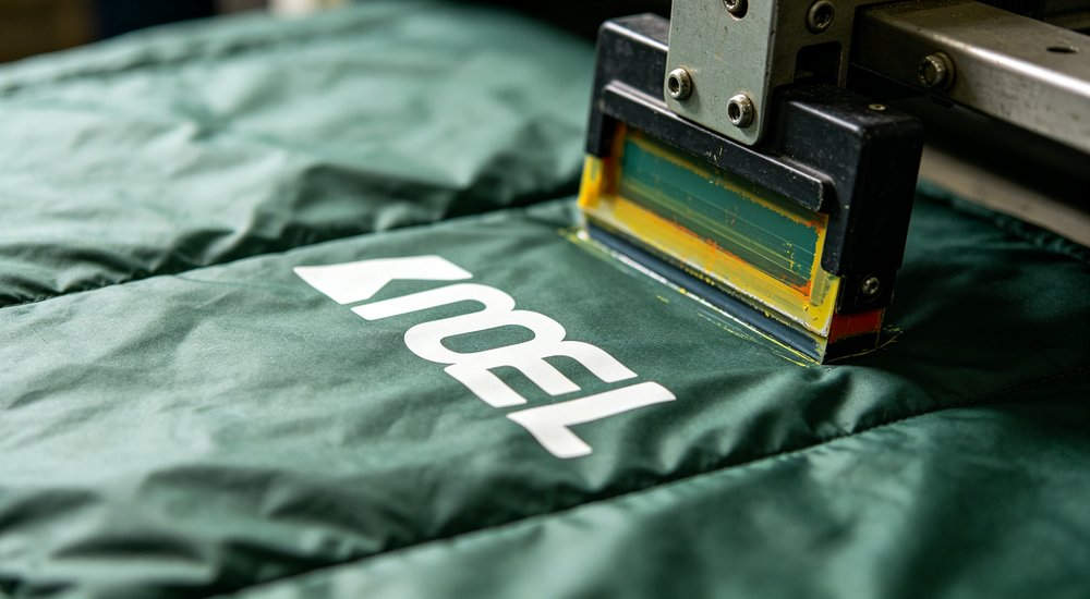 Medium shot bright factory workshop - Asian worker carefully inspecting sleeping bag stitching quality before packaging, sleeping bag manufacturer QC, professional manufacturing scene