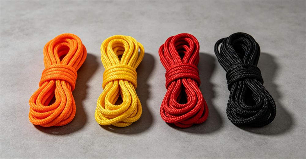 Top-down comparison of multicolor water rescue ropes in bright orange, black and fluorescent yellow laid parallel on dark surface for color selection for procurement decision-making and equipment selection