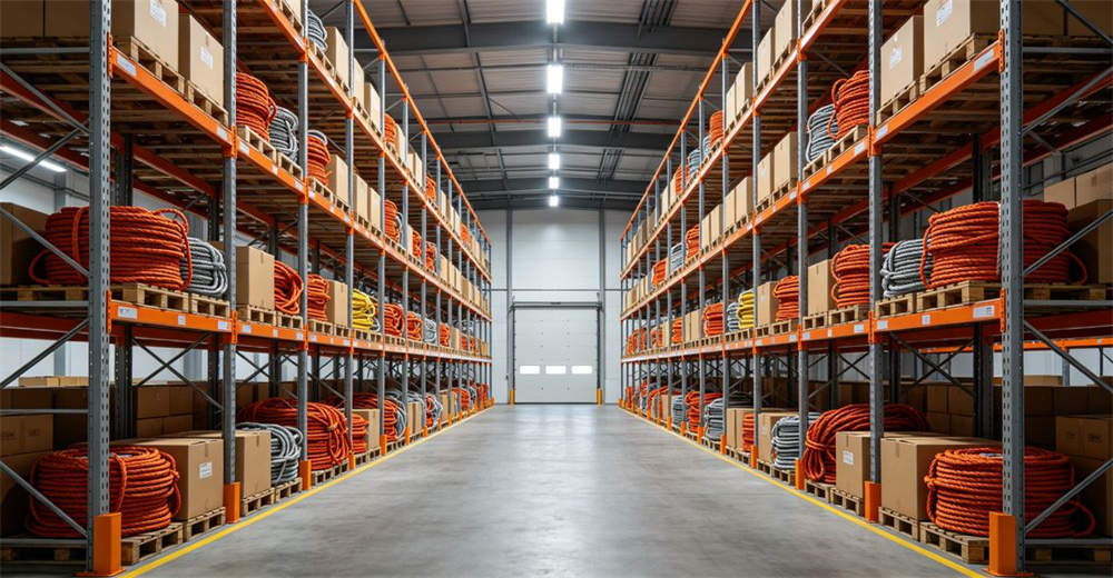 Wide interior shot of YRF Textile rescue rope warehouse with shelves of inventory boxes and organized storage racking for wholesale supply chain and bulk order fulfillment