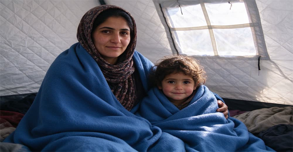 Eye-level view of refugee mother and young child sitting inside a white family relief tent with blue wool blanket on folding cot, showing dignity and comfort provided by wholesale emergency shelter supplies