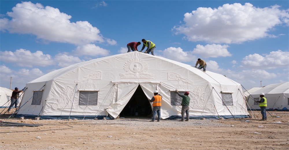 Wide view of workers assembling large white relief tent at refugee camp site, blue sky with fluffy white clouds, showing efficient refugee shelter deployment for emergency housing solutions