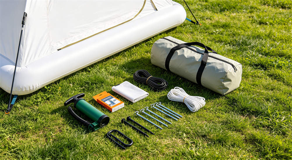 Full accessory set for inflatable emergency tent laid out, pump repair kit stakes guylines, product shot red and white inflatable emergency shelter for disaster relief operations