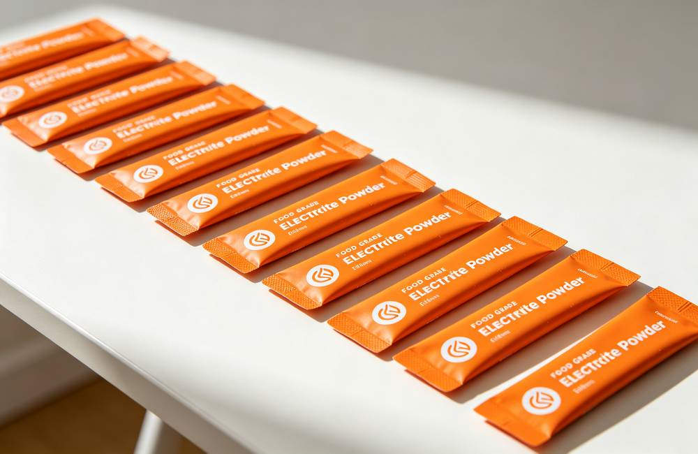 Row of sealed single serve electrolyte packets ready for bulk distribution to outdoor workers during extreme heat events