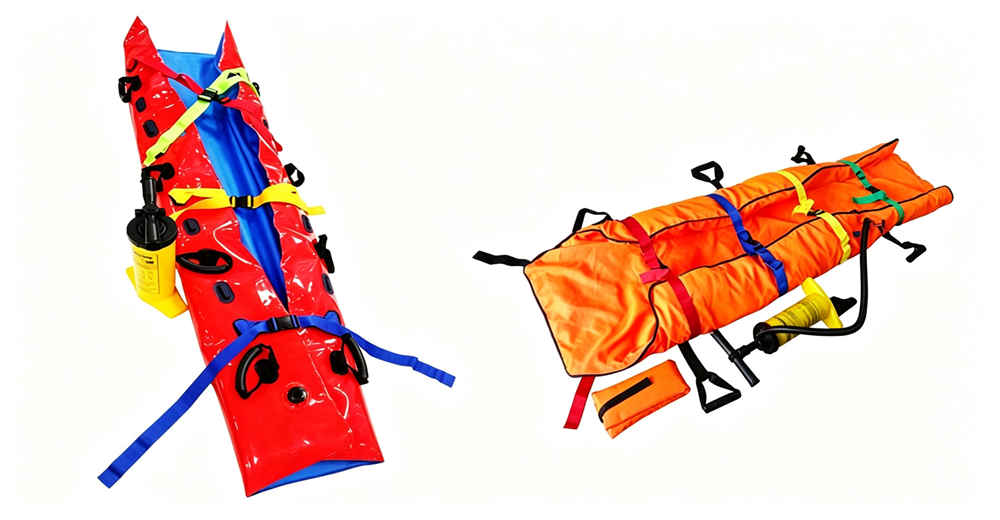 Product shot of four fold orange spinal board rescue stretcher laid flat on white background with full strap system for wholesale bulk water rescue equipment supply