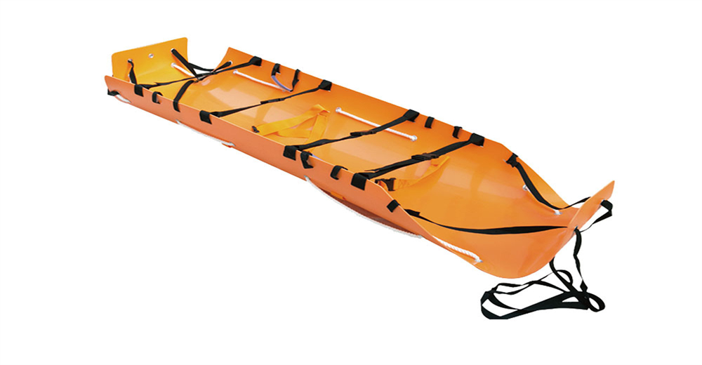 Stainless steel scoop stretcher shown in open split position demonstrating lateral patient transfer design for wholesale bulk water rescue equipment supply