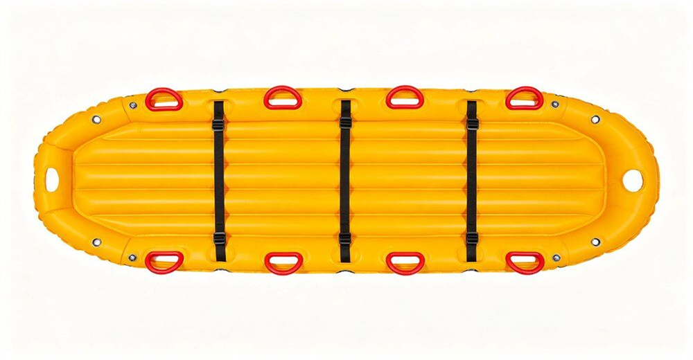 Full overview of spinal board stretcher multi point strap system demonstrating patient securing design for wholesale bulk water rescue equipment supply
