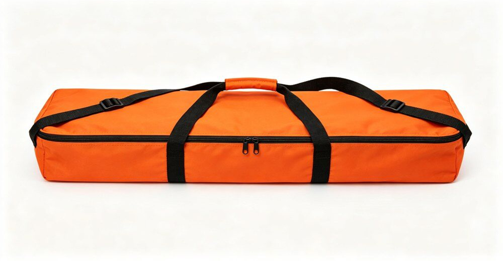 Red folding canvas stretcher displayed in warehouse stock area ready for bulk wholesale distribution for wholesale bulk water rescue equipment supply