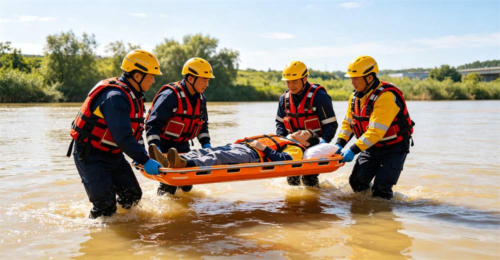 Rescue team in orange dry suits using rescue stretcher to evacuate patient from deep flood water zone for wholesale bulk water rescue equipment supply
