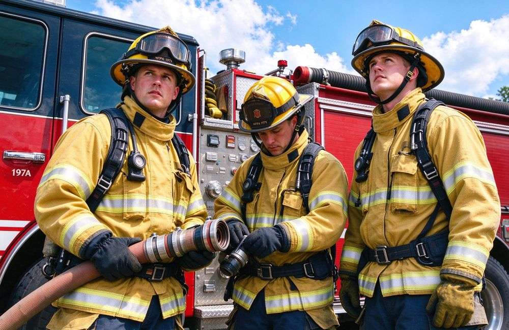 Eye-level view of firefighters in full turnout gear on the fireground responding together, dark navy and yellow firefighter turnout gear full ensemble NFPA 1971 compliant for structural firefighting operations