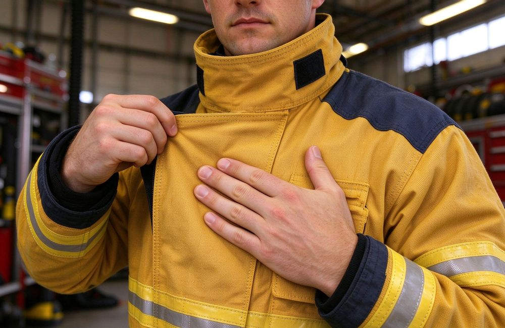 Night-time view of bulk yellow cartons firefighter turnout gear sets packed for shipment, fire department turnout gear manufacturer export for firefighter turnout gear wholesale buyers for structural firefighting protective clothing bulk supply