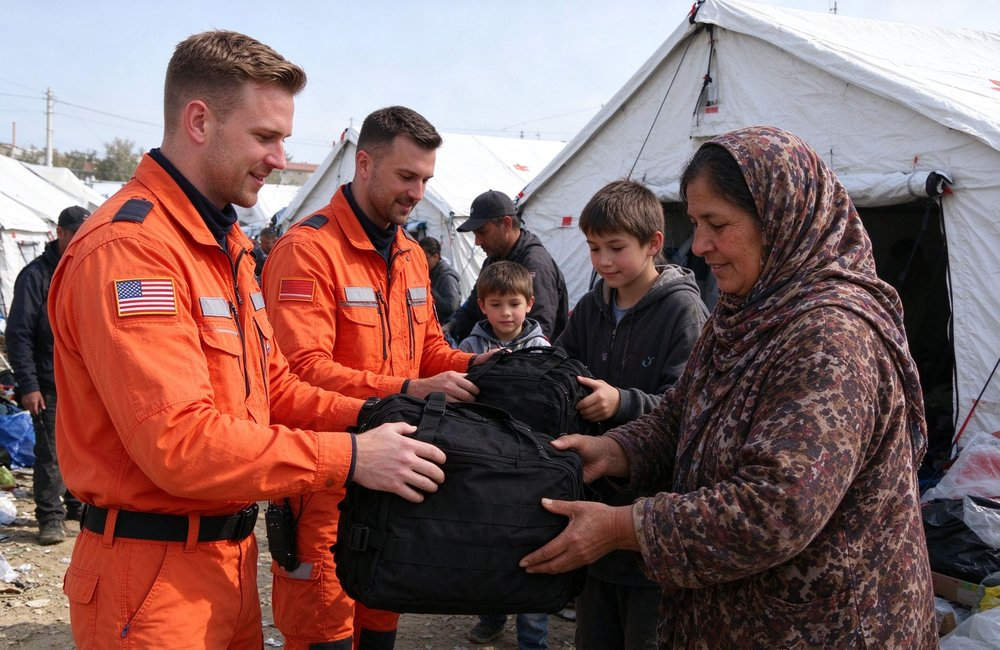 Emergency relief distribution of disaster preparedness kits by rescue workers for humanitarian organizations NGOs and government stockpile programs worldwide by rescue workers for humanitarian organizations NGOs and government stockpile programs worldwide