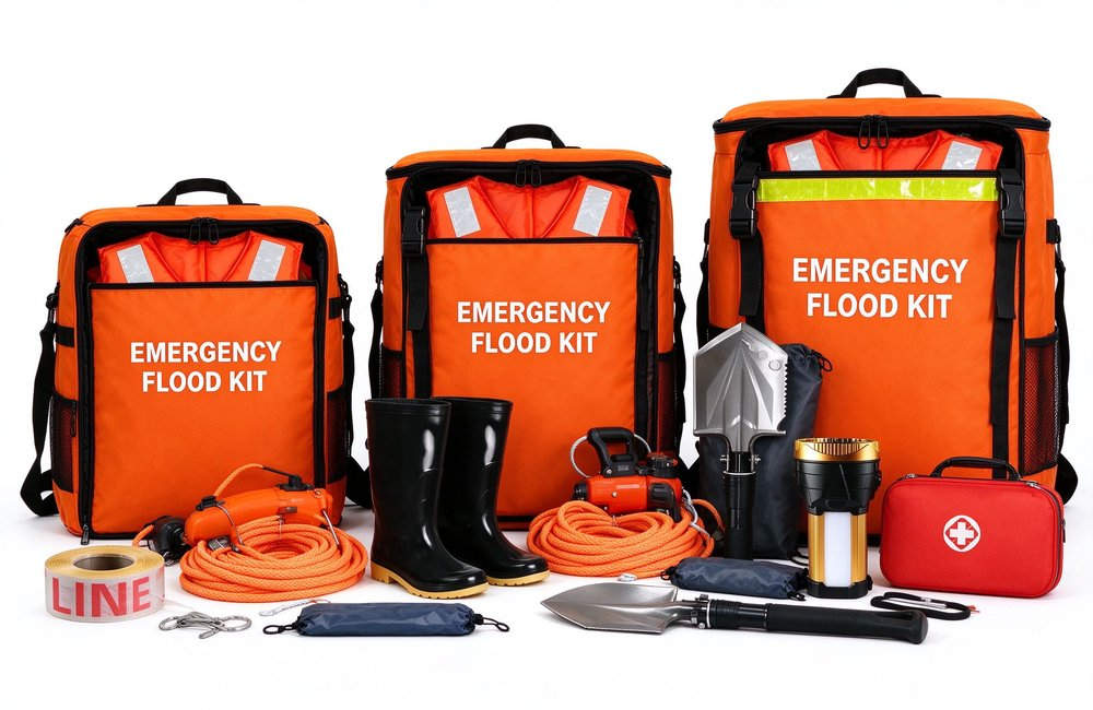 Wholesale emergency flood kits three sizes family portrait with certified life jacket rain boots rope thrower waterproof dry bag for government procurement relief