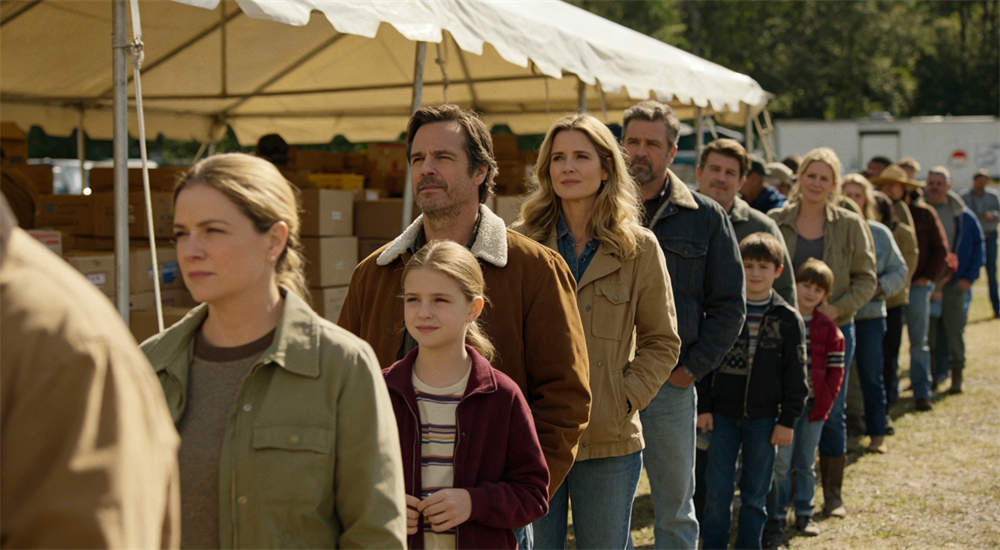 Caucasian families lining up at emergency relief shelter to receive supplies, white people waiting in line under tent, realistic shelter distribution scene for relief operations