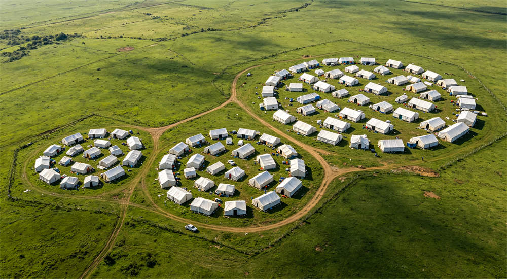 Aerial drone view of three relief camps of different sizes small medium and large on green field, comparison of camp scales for bulk hurricane budget planning