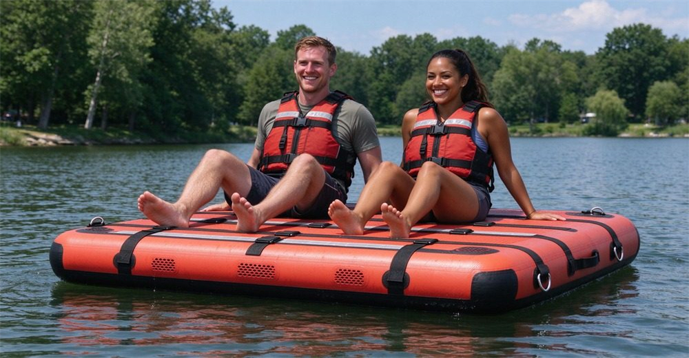 Authentic foam-filled water rescue floating platform with horizontal straps and buckles floating on river, two adults in life vests sitting on platform demonstrating 1500N buoyancy, rescuer in full gear nearby.