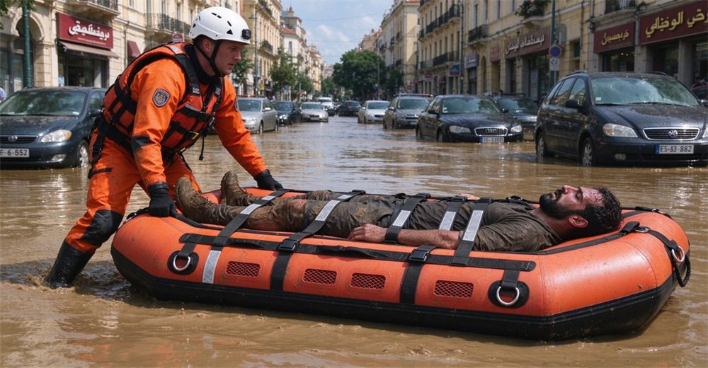 Type 1 authentic foam-filled water rescue platform with horizontal black straps, buckles, webbing handles and drainage holes in actual flood rescue use, rescuer and patient on orange 600D Oxford fabric platform.