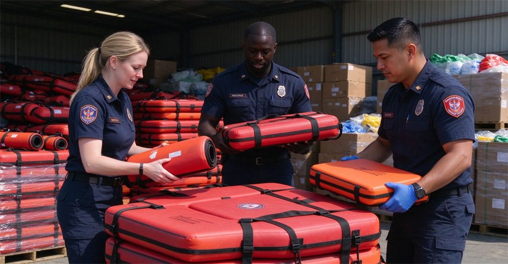 Disaster relief material distribution at emergency management bureau, staff counting and distributing foam-filled water rescue floating platforms to residents, real disaster relief supply operation.