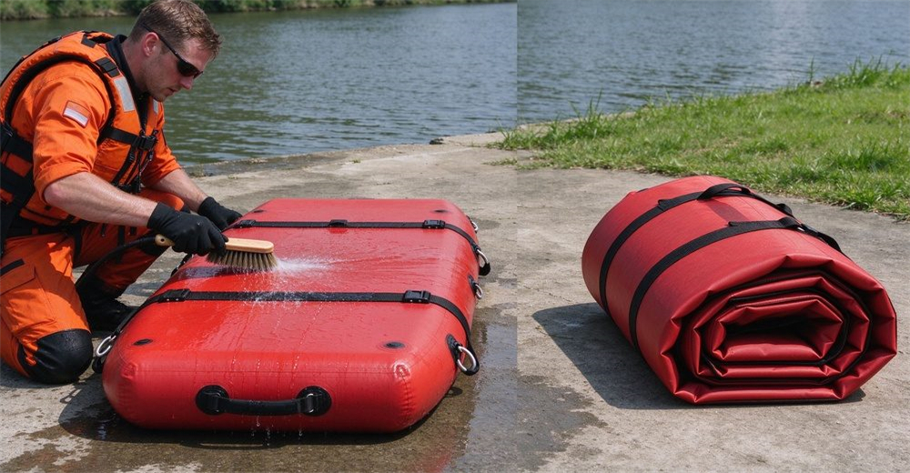  Rescuer rinsing authentic foam-filled platform with horizontal straps and drainage holes using water hose and soft brush on concrete, mud washing off, platform partially rolled up showing cleaning and storage process.