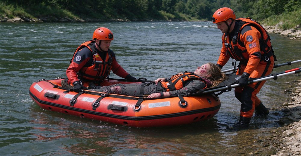Water-to-land relay: rescuer in waist-deep river water guiding authentic foam-filled platform with straps carrying patient, two rescuers on sandy bank with traditional wheeled stretcher ready to receive, seamless handoff scene.