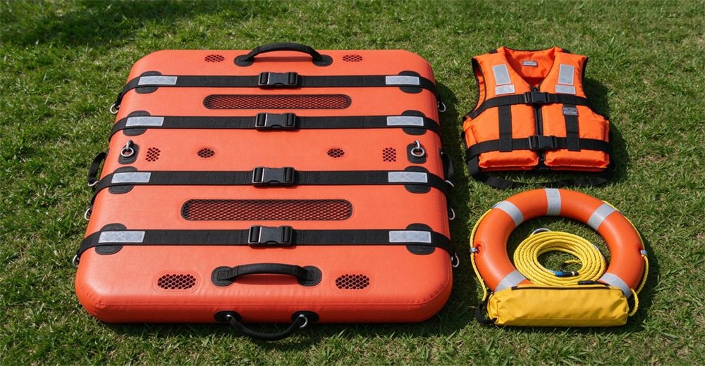 Basic rescue combo on grass: authentic foam-filled platform with horizontal straps, buckles, handles and drainage holes, orange life jacket, orange lifebuoy ring, yellow throw rope bag, overhead flat-lay view.