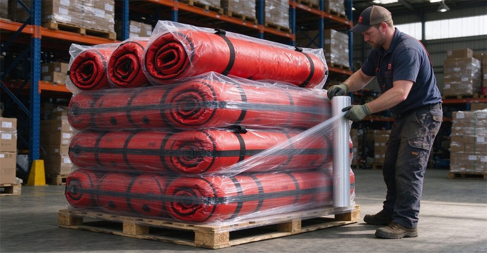 Bulk packaging of ten rolled foam-filled floating platforms on pallet with worker applying shrink wrap, showing wholesale order preparation and shipping packaging.