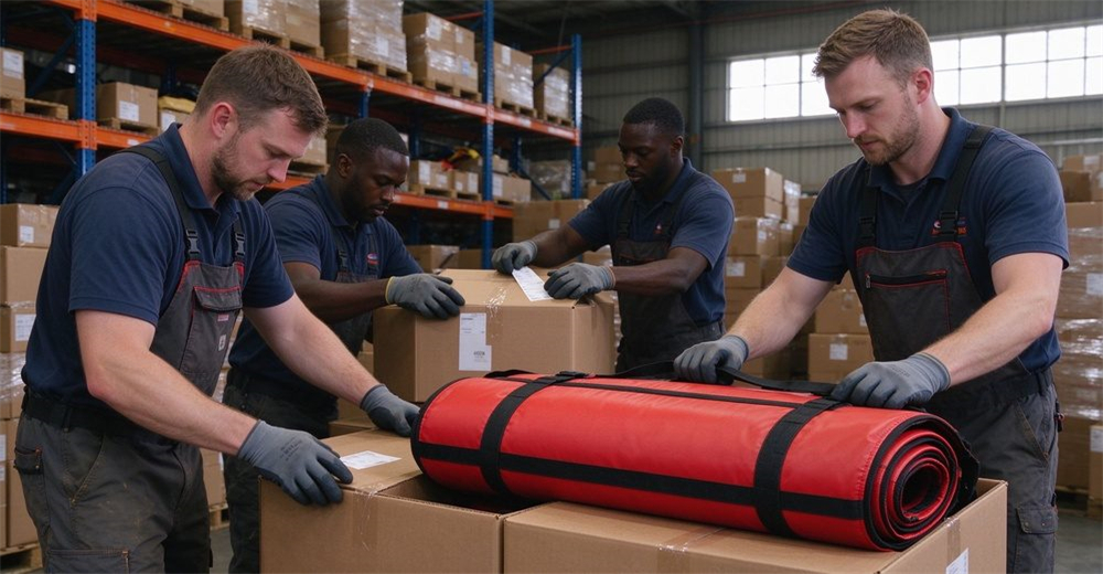Packing and shipping: workers loading foam-filled floating platforms into carton boxes and sealing with tape in warehouse, order fulfillment process.