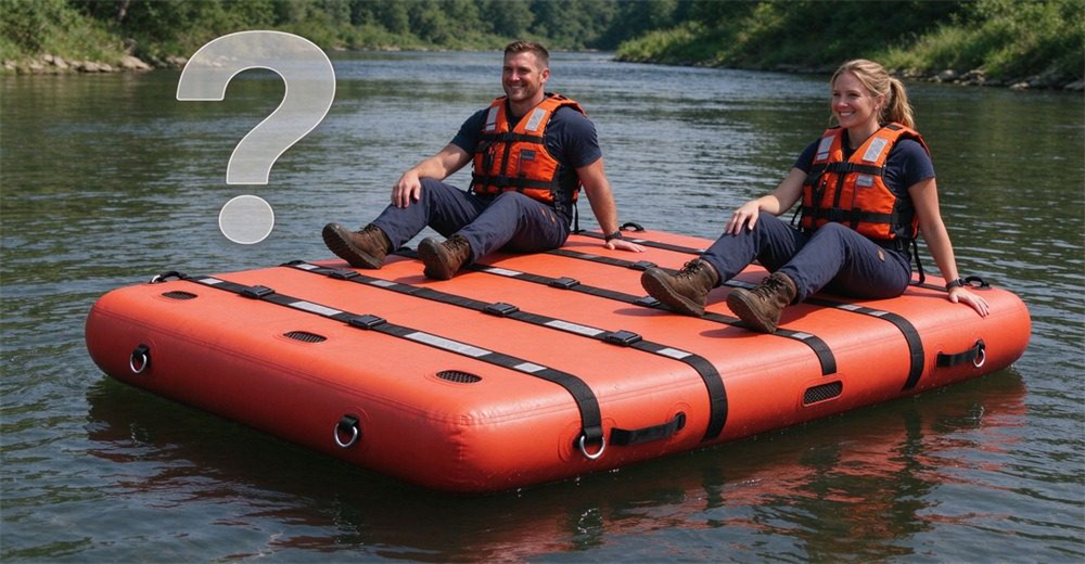 FAQ buoyancy: authentic foam-filled platform with horizontal straps floating on river, two adults in life vests sitting at each end, large question mark graphic, rescuer in full gear in shallow water nearby.