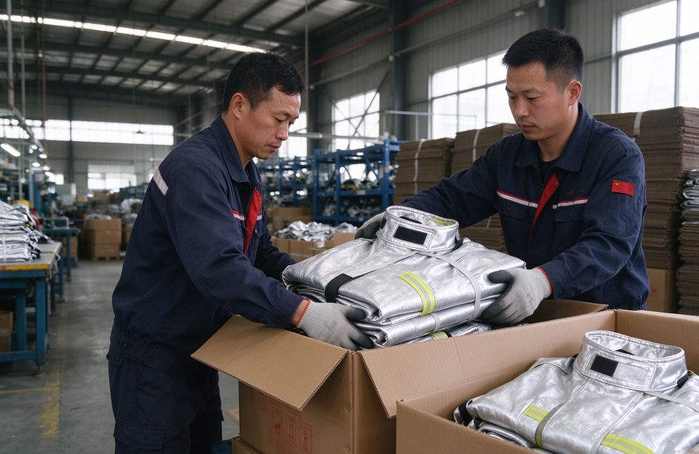 Wide-angle view of bulk silver aluminized fire proximity suits packed in cartons for radiant heat protection export delivery to refineries and industrial plants worldwide at high temperature work zones