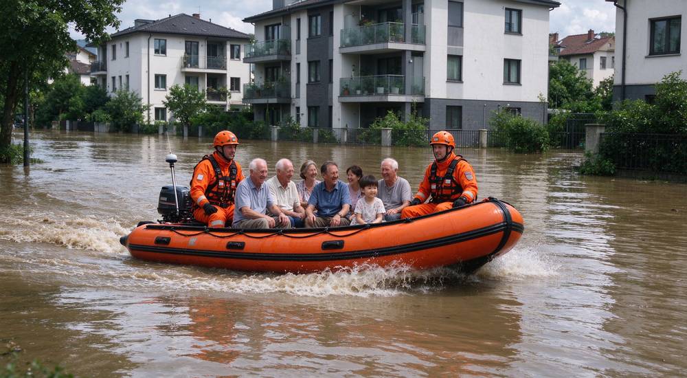 Orange inflatable rescue boat navigating through flooded urban street during emergency flood rescue operation with professional rescuers evacuating trapped residents from submerged buildings using rescue watercraft Orange inflatable rescue boat navigating through flooded urban street during emergency flood rescue operation with professional rescuers evacuating trapped residents from submerged buildings using rescue watercraft