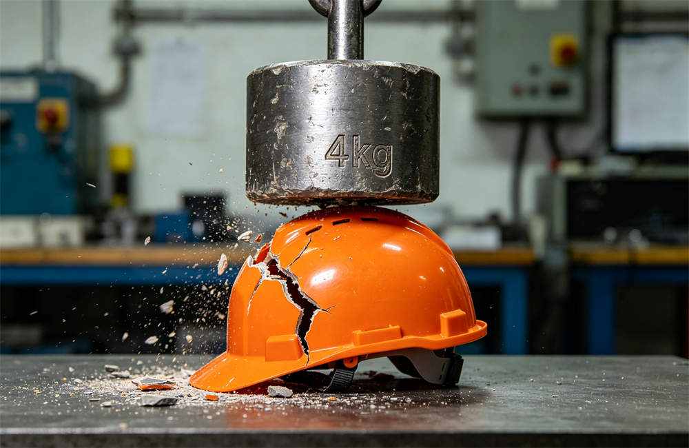 Safety helmet undergoing hammer drop impact test to prove EN397 protection rating during quality control inspection today now now for bulk tornado emergency kit procurement and wholesale NGO relief orders today now