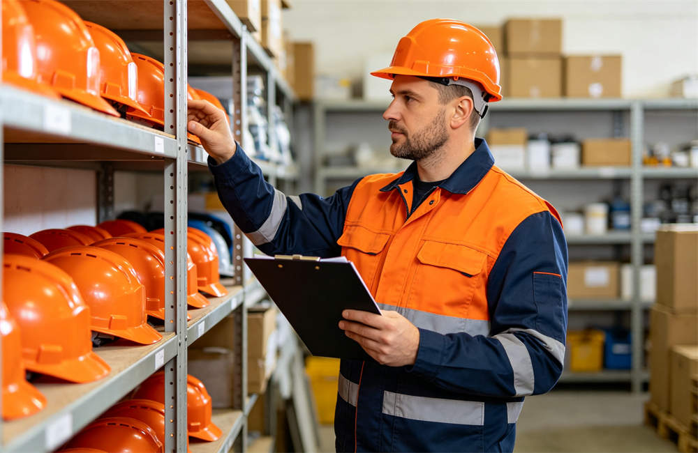 Facility manager checking safety helmet inventory with checklist during tornado shelter preparedness audit today now now now for bulk tornado emergency kit procurement and wholesale NGO relief orders today now