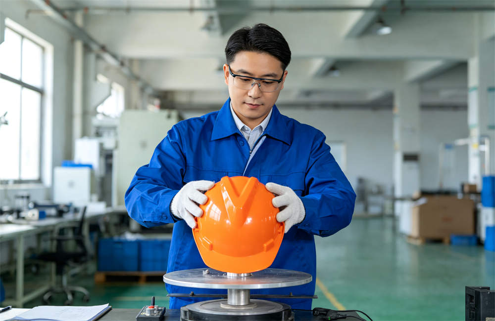Chinese factory quality control worker performing safety helmet drop test before bulk shipment to global clients today now now now now for bulk tornado emergency kit procurement and wholesale NGO relief orders today now