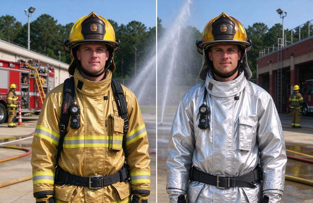 Front view view of carbon fiber fire entry suit folded storage view for fire entry suit maintenance guidance and protective gear care for fire department inventory