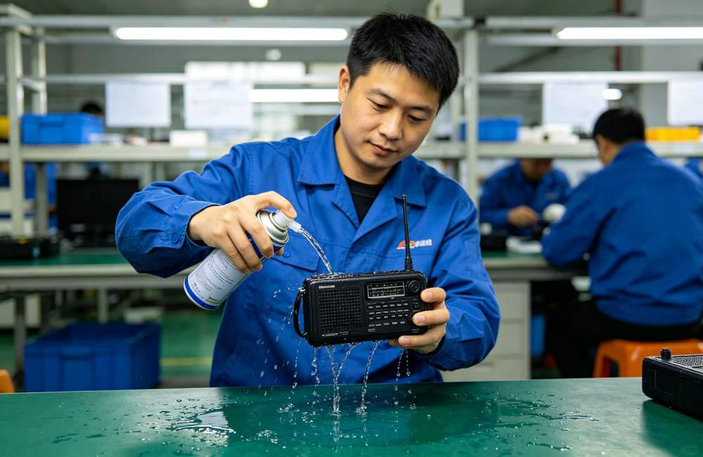 Factory quality control worker spraying water on a weather radio to verify IPX5 waterproof rating before bulk shipment from China.