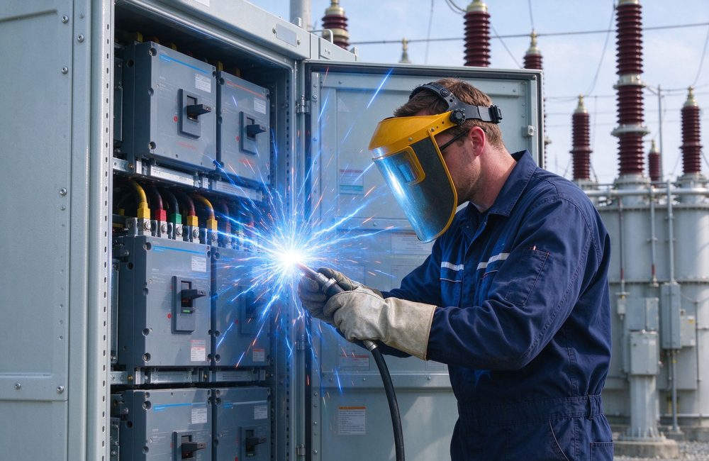 High-angle view of electric substation worker in FR coveralls near arc flash zone for fire resistant protective clothing and flame resistant workwear arc flash protection High-angle view of electric substation worker in FR coveralls near arc flash zone for fire resistant protective clothing and flame resistant workwear arc flash protection