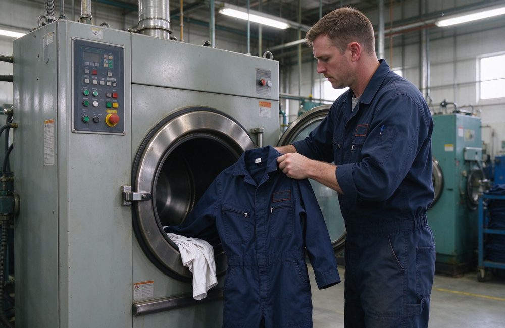 High-angle view of fR coveralls industrial laundry service view for flame resistant workwear maintenance guidance and fire resistant clothing care for long service life High-angle view of fR coveralls industrial laundry service view for flame resistant workwear maintenance guidance and fire resistant clothing care for long service life