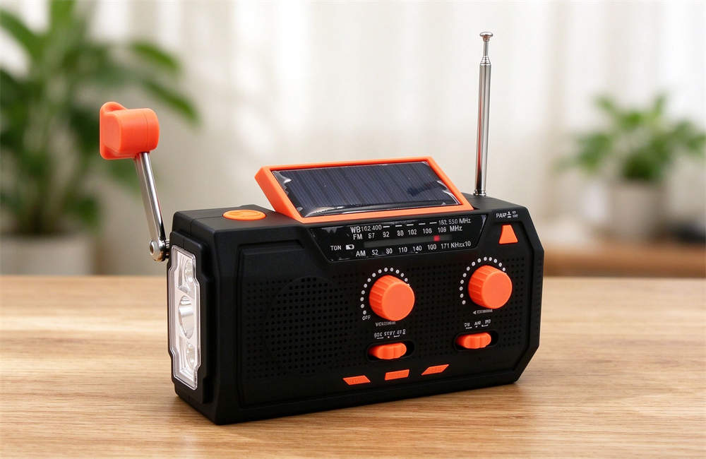 Black hand crank solar emergency radio with built-in LED flashlight and USB charging port, AM/FM weather band, multiple colors available for bulk emergency kit orders