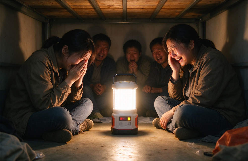 Rechargeable emergency LED lantern lighting up a small community room where people are sitting together talking during a power outage, portable bright lighting for shelter common areas