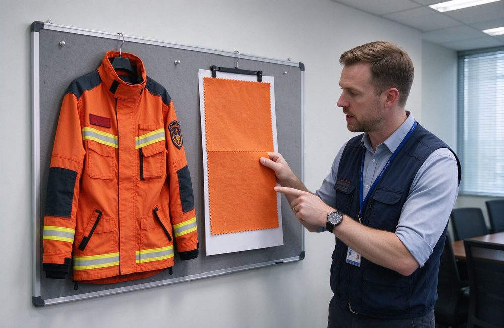 Top-down view of rescue suit fabric water repellent layer for technical rescue clothing weather protection and rescue clothing outdoor operation readiness at urban and rural work sites