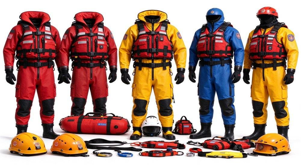 Professional water rescue team standing together in full gear including high buoyancy PFDs helmets and dry suits ready for emergency response operations worldwide