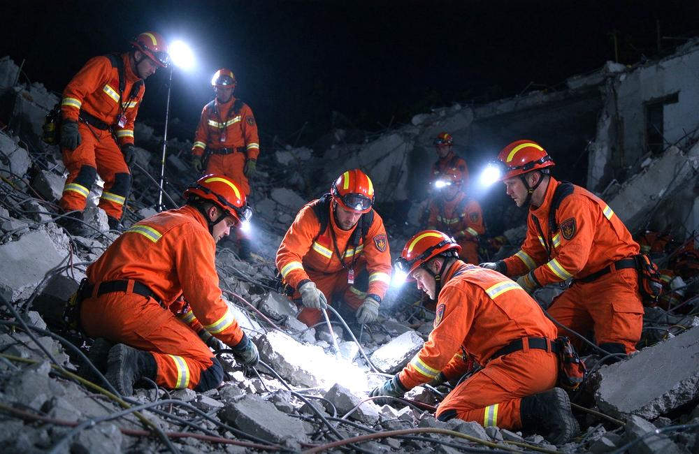 Eye-level view of rescue training center with trainees in technical orange with yellow reflective trim rescue clothing for emergency rescue clothing practice and rescue clothing professional training for rescue clothing wholesale buyers