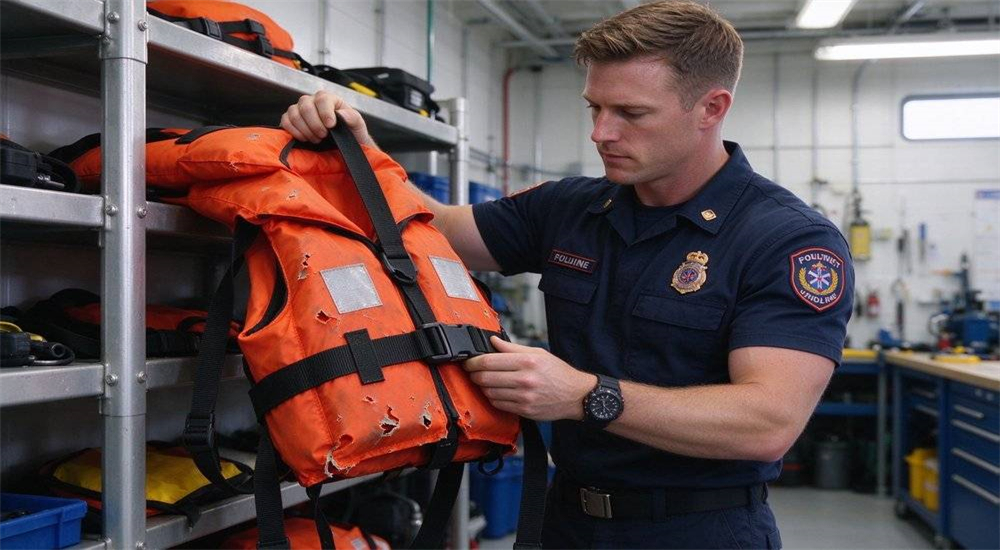 Water rescue equipment review and inspection being conducted by team member checking PFD buoyancy straps and hardware before deployment