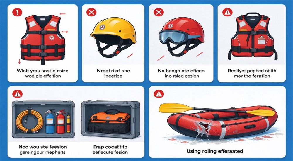 Common water rescue gear mistakes infographic showing improper PFD fit expired CO2 cylinders neglected maintenance and incorrect storage practices to avoid
