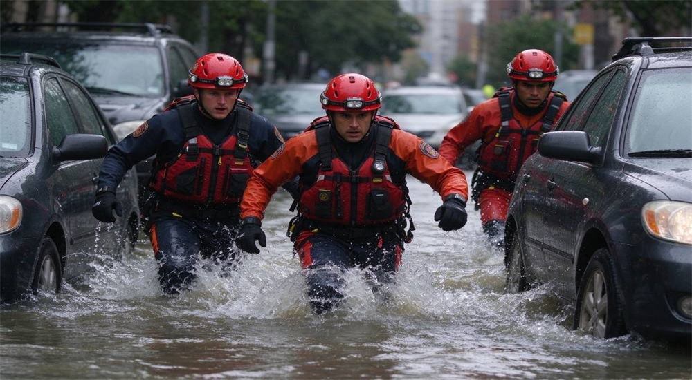 Rescue team wearing helmets with communication devices coordinating during water operation showing team communication and situational awareness